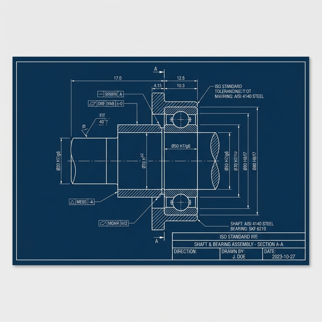 Plano técnico estilo blueprint de ajuste eje-rodamiento con tolerancias ISO